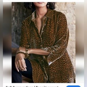 Soft Surroundings Small Leopard Print Silk Blend Velvet Button Front Shirt Top